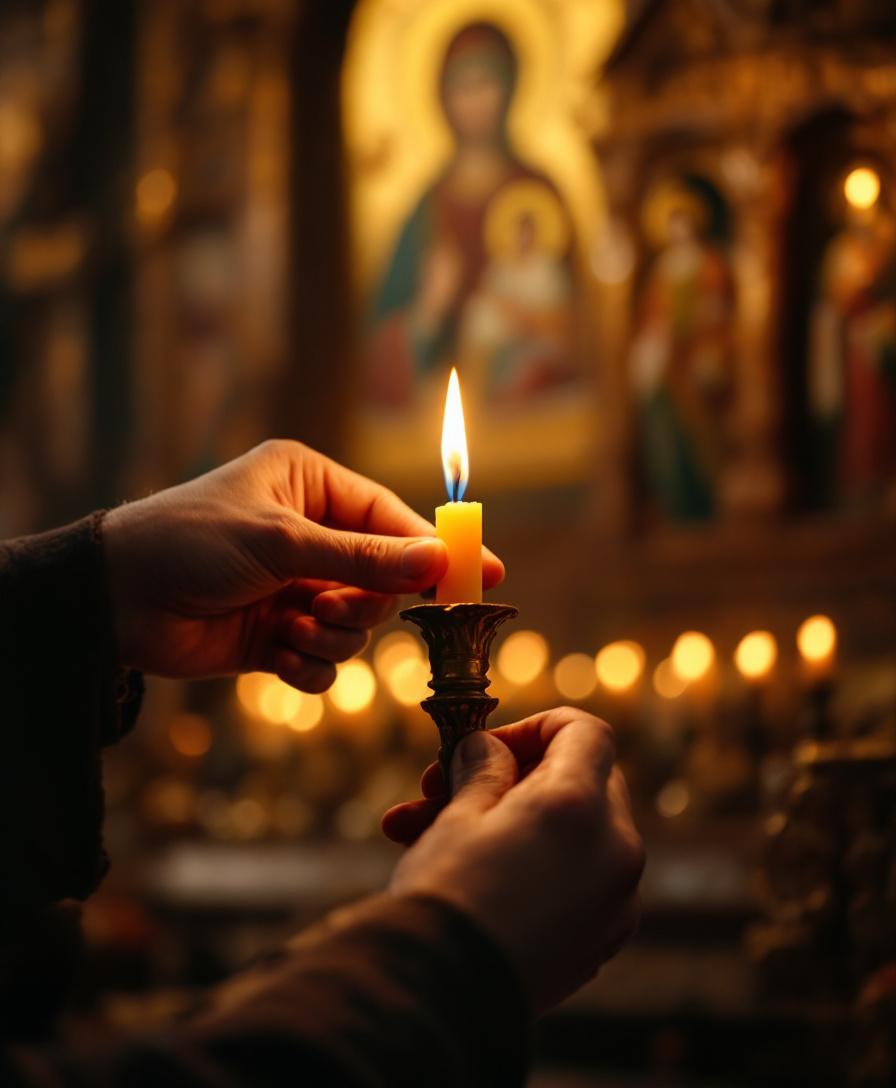 Lumânare aprinsă în biserică ortodoxă